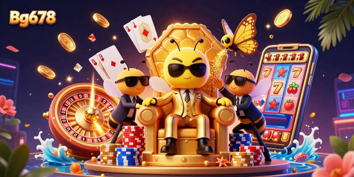 Play exciting games with Bg678, featuring a vibrant 3D illustration of casino elements and characters.