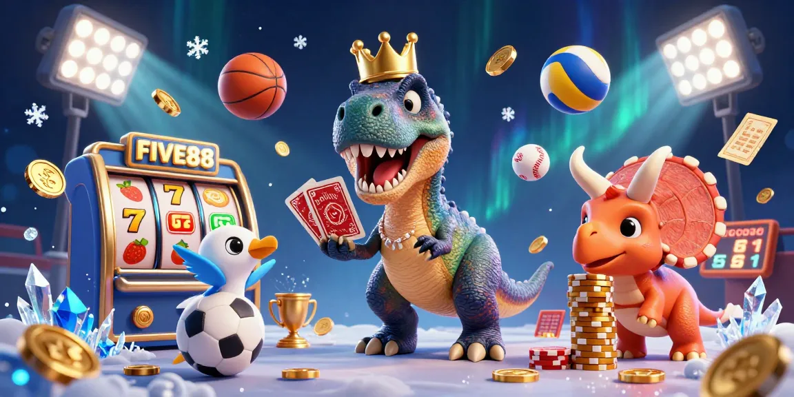 Engage with FIVE88 in this vibrant 3D cartoon illustration of casino characters amidst lively gambling elements.