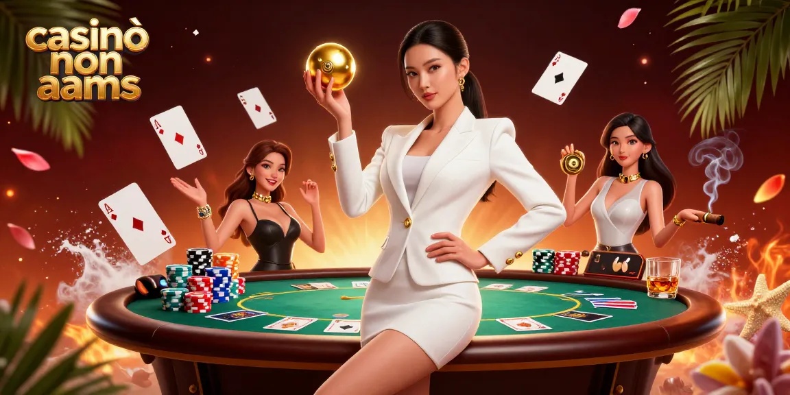 Illustrazione di casinò non aams che mostra una scena di casinò elegante con elementi di poker e personaggi dinamici.