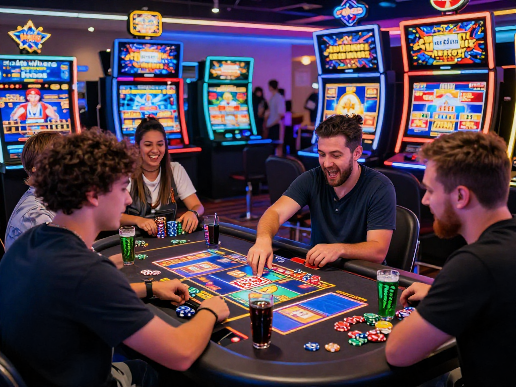 Exciting scene of players engaging at online casino slots where you can buy bonus, showcasing thrill and anticipation in vibrant atmosphere.