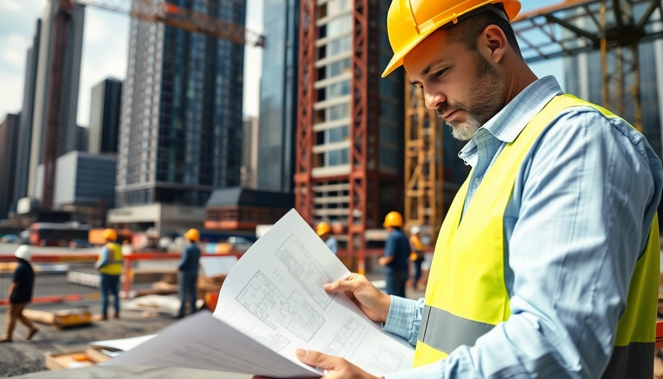 New York Construction Manager analyzing plans amidst a dynamic construction site.