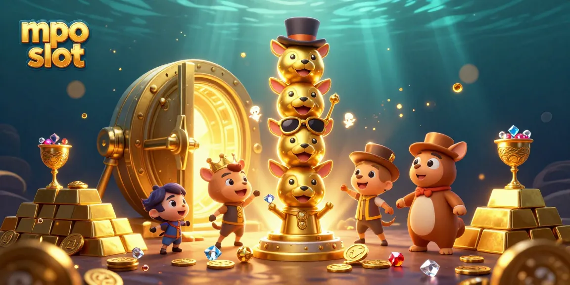 Engage with mpo slot's vibrant 3D illustration of a golden totem and casino elements for gaming excitement.