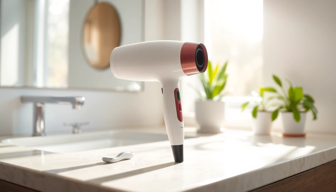 Hair dryer for frizzy hair elegantly displayed on a bathroom counter in natural light.