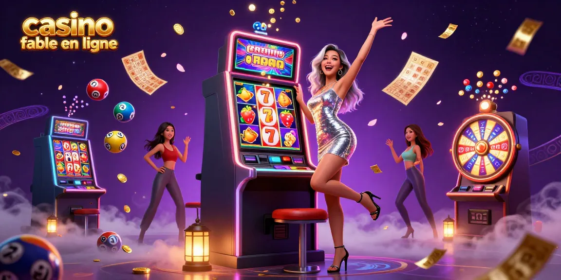 Gagnez gros au casino fiable en ligne avec une scène de célébration mettant en vedette des machines à sous vibrantes et des jackpots.
