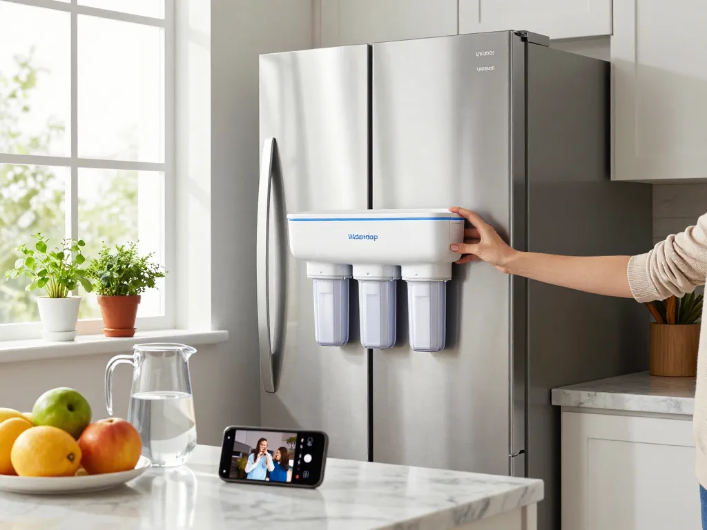 Installing the Waterdrop UKF8001 Refrigerator Water Filter 4 in a modern kitchen, emphasizing cleanliness and hydration.