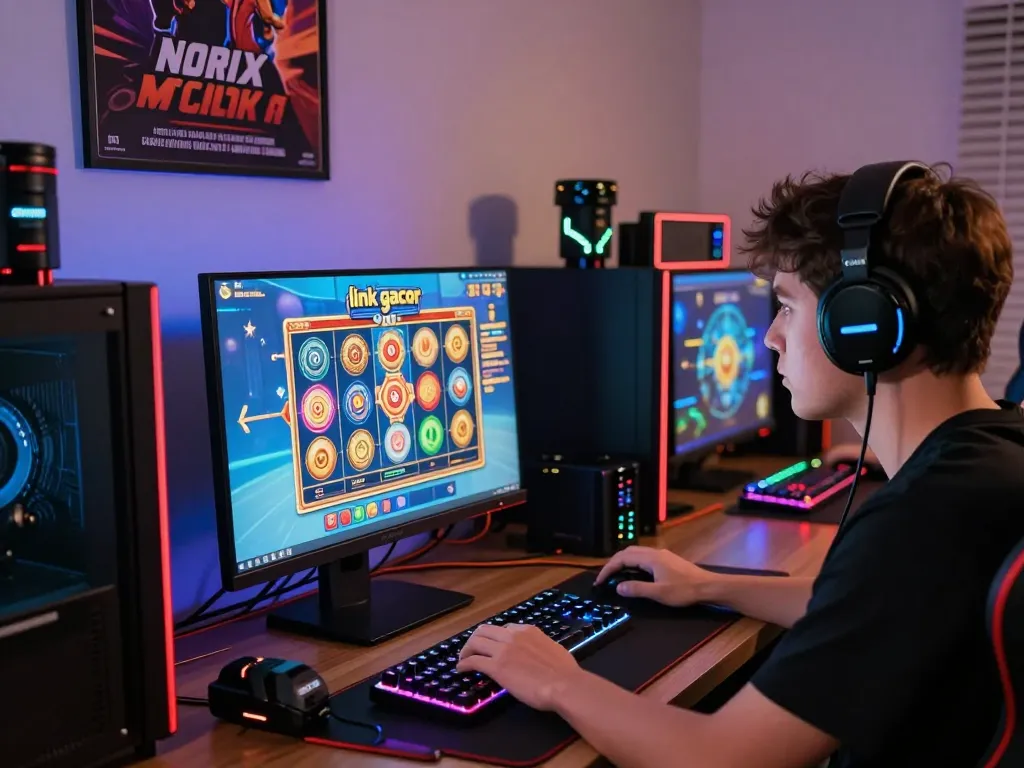 Engaged player immersed in slot game action showcasing link gacor on screen with vibrant gaming setup