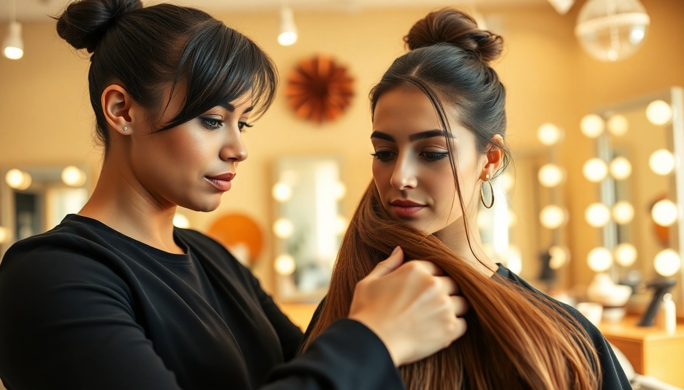 Sew in weft hair extensions being expertly applied in a stylish salon environment.