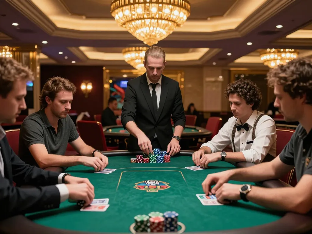 Players engaged in strategic poker gameplay at EV99, showcasing competitive cards and chips in a luxurious casino setting.