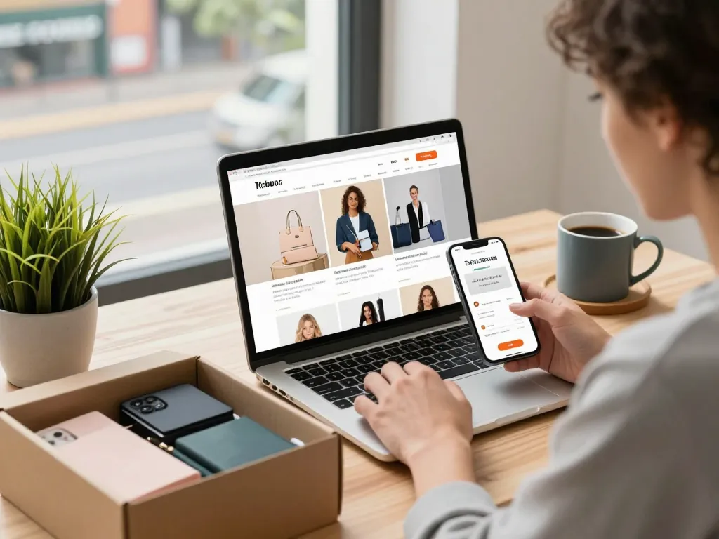 Customer browsing stylish products on shs-dome5.com in a modern workspace.