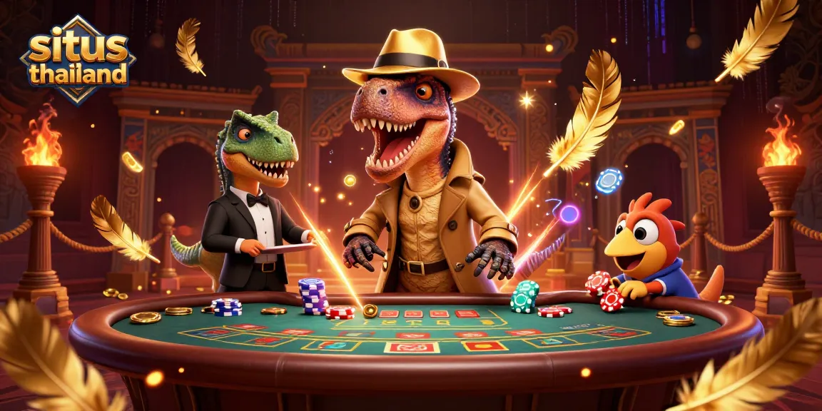 Situs thailand presents a thrilling scene of a velociraptor card counter at a blackjack table amidst swirling gold and vibrant effects.
