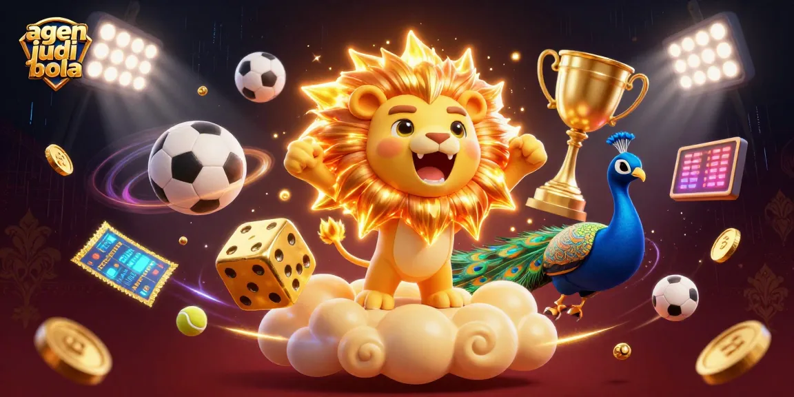 Engage in agen judi bola with dynamic, colorful sports elements and a roaring lion illustration.