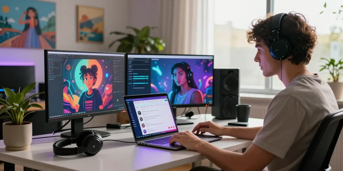 Immersive NSFW AI interaction with colorful chat interfaces in a modern workspace.