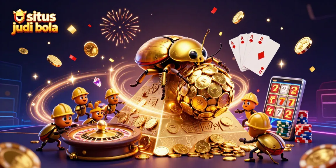 Situs judi bola promotional illustration featuring golden beetles rolling coins and cascading gems.