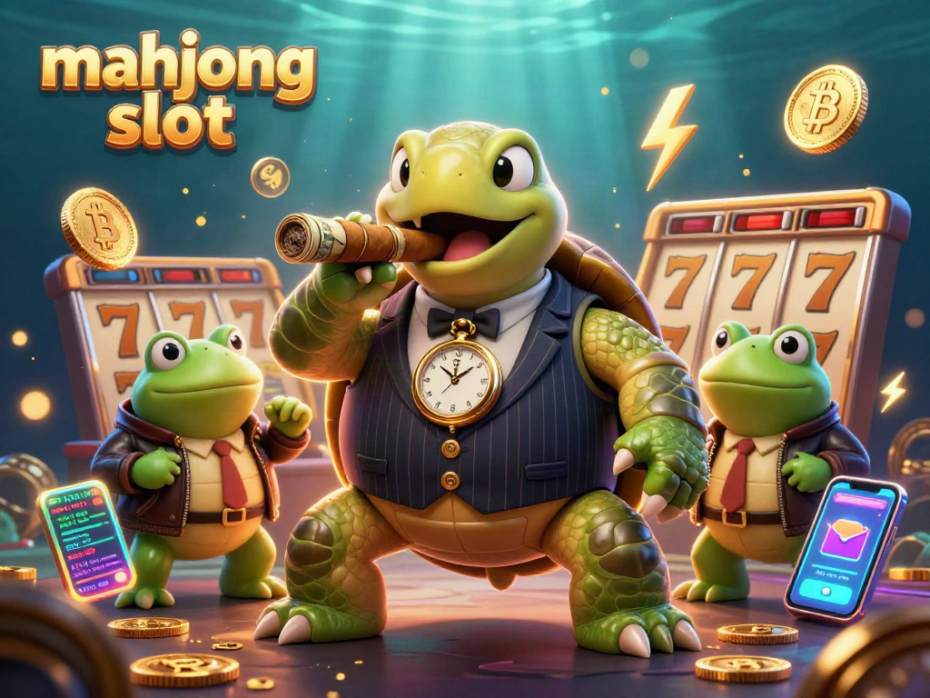 Engage in mahjong slot excitement with a 3D turtle mobster and vibrant game elements in action.