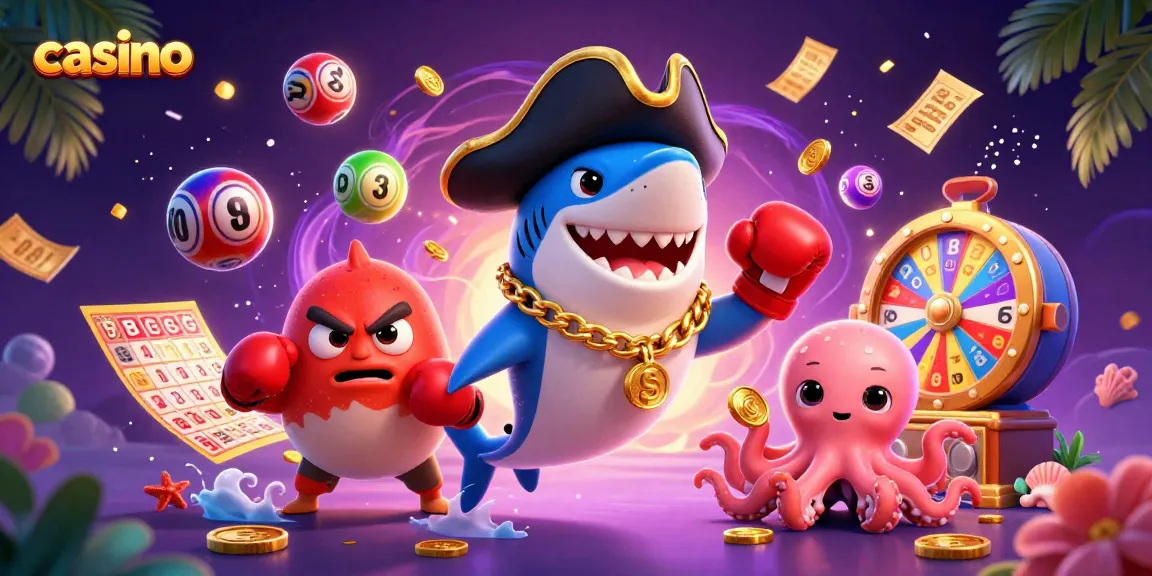 Experience exhilarating casino fun with a shark captain, boxing pufferfish, and an octopus baby in a dynamic scene.