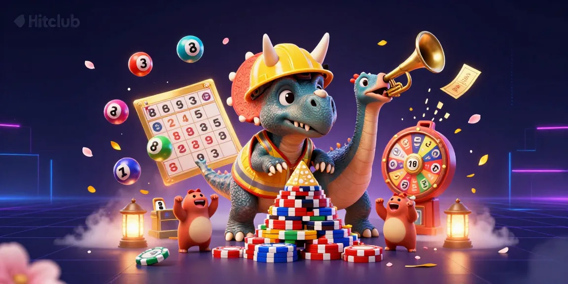 Hitclub logo displayed in a vibrant 3D illustration featuring a triceratops and lottery elements.