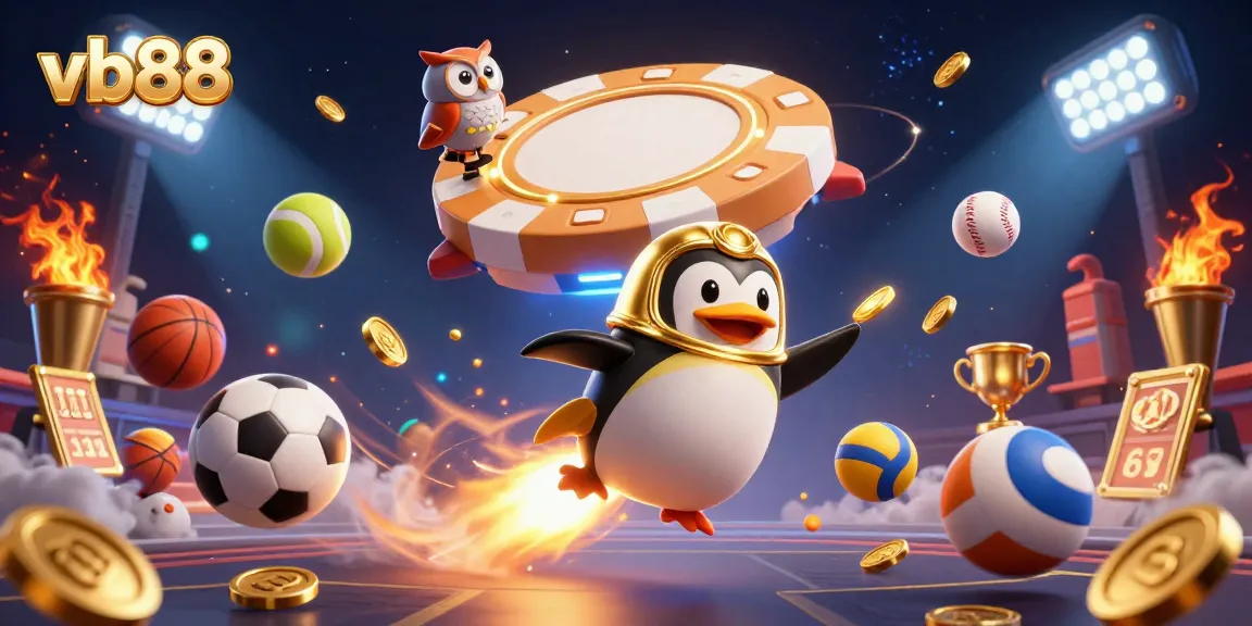 Experience the thrill of vb88 with a golden penguin racing towards a poker chip space station amidst flying sports elements.