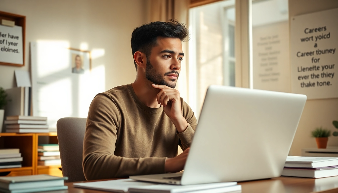 Find my true calling with a person reflecting on career choices in a warm home office.