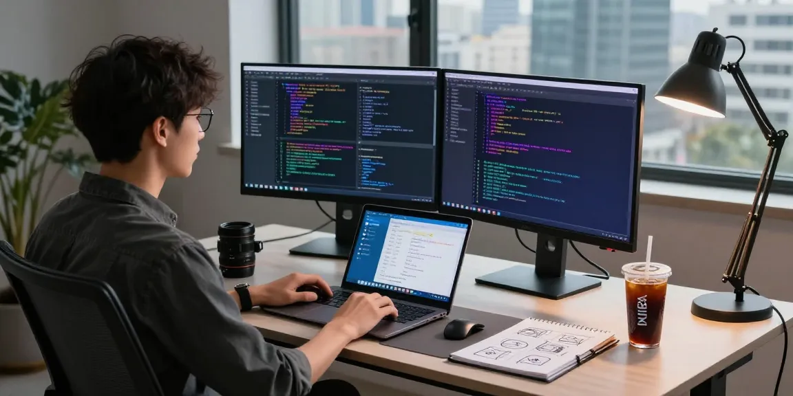 Developer working on 纸飞机中文版 interface with coding setup in modern workspace