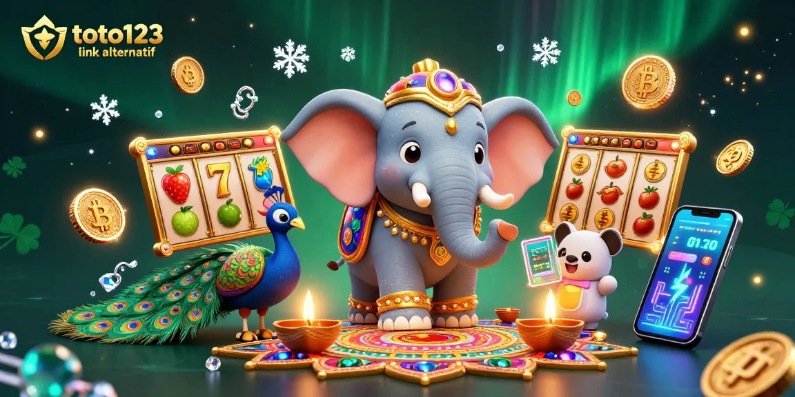 Toto123 link alternatif offers an exciting view of a Diwali-themed gambling scene with vibrant slot elements and cryptocurrencies.