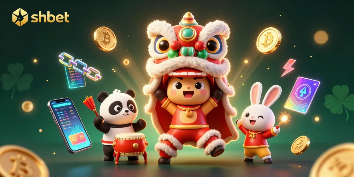 Win big at shbet with this festive 3D celebration featuring a lion dance, crypto coins, and casino games.