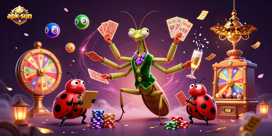Celebrate wins with apk-sun as a giant praying mantis deals cards amidst a vibrant casino scene.