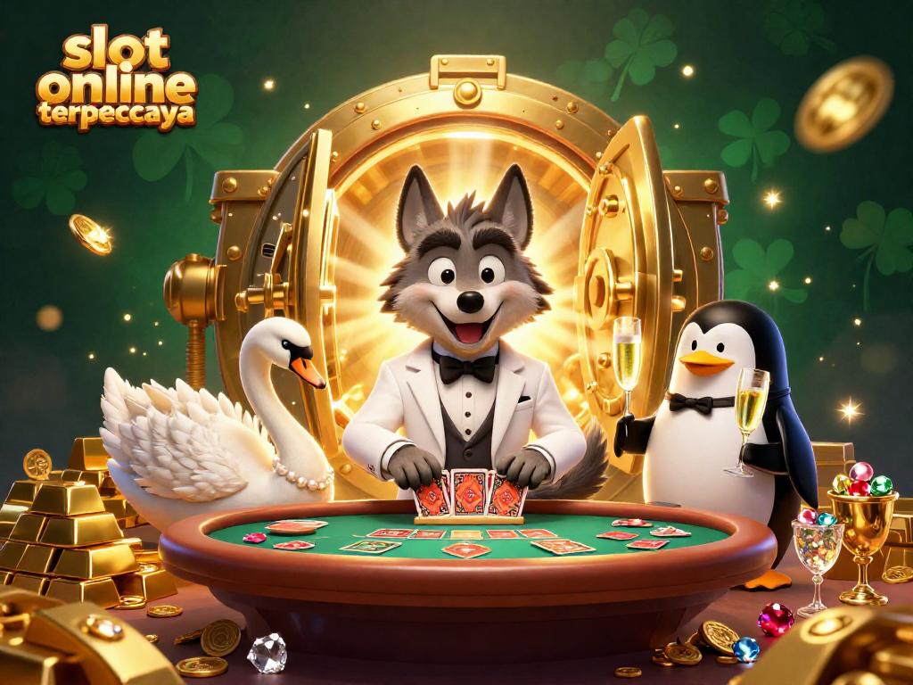 Experience the excitement of slot online terpercaya with a vibrant casino scene featuring engaging characters and luxury.