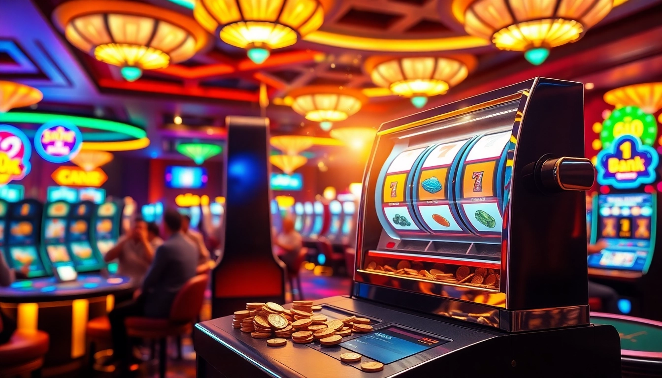 Slot gacor hari ini dengan mesin slot berkilau dan suasana kasino yang meriah.