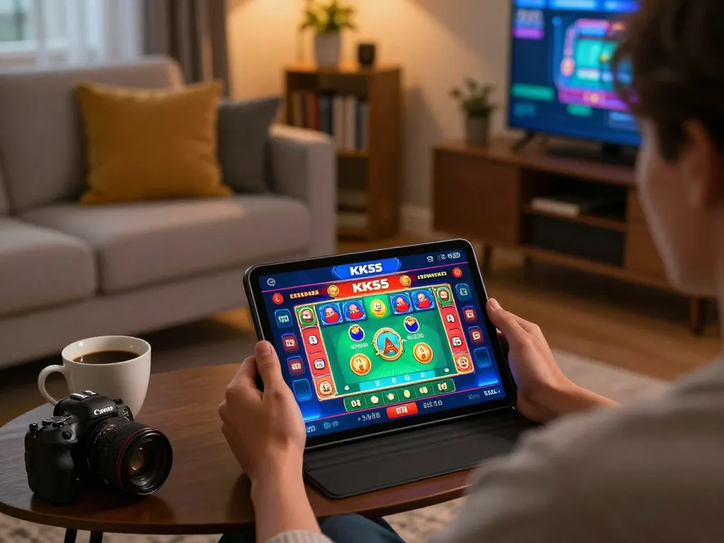 Player enjoying KK55 mobile gaming experience in a cozy home setup with tablet and coffee.
