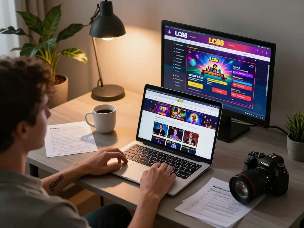 Engaging in responsible online gaming at LC88 with a laptop setup and betting notes