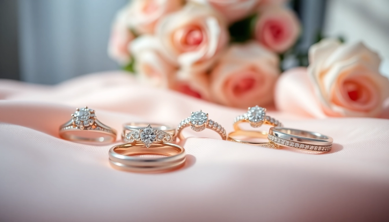 Showcase elegant wedding rings in a romantic setting highlighting unique designs and textures.