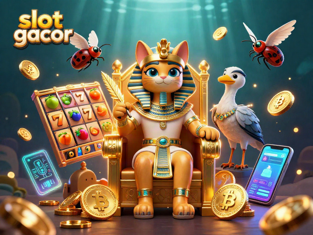 Menangkan slot gacor dengan simbol buah, jackpot, dan pharaoh 3D di dalam ilustrasi kasino menakjubkan.