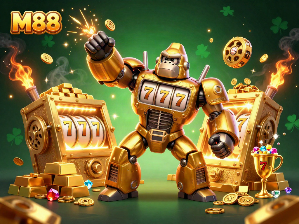 M88 themed illustration showcasing a golden gorilla mech surrounded by slot machine elements and treasures.