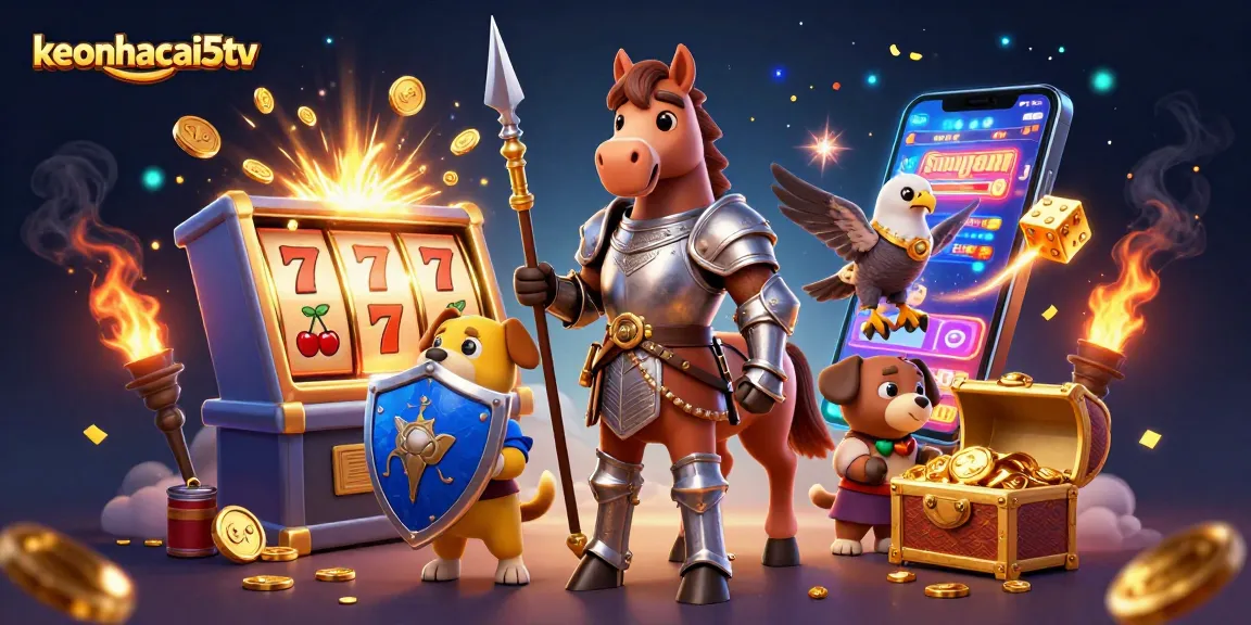 Visualize keonhacai5tv jackpot excitement through a dynamic casino scene with vibrant characters and elements.