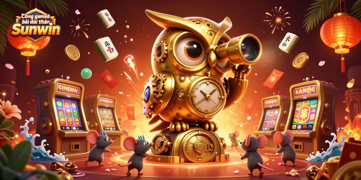 Cổng game bài đổi thưởng Sunwin showcases a captivating casino scene with a luxurious owl and playful mice among rich gaming elements.