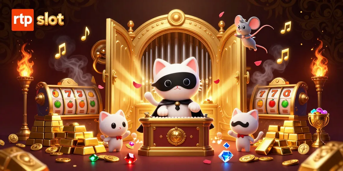 Engage with rtp slot gaming through an elaborate casino scene with a masked cat and acrobat.