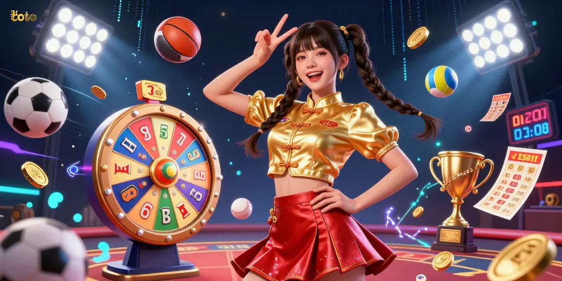 Toto-themed gambling illustration showcasing vibrant lottery balls and sports elements in a dynamic casino setting.