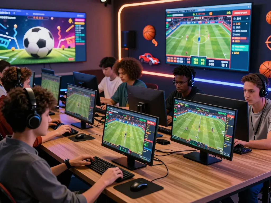 Thriving Thể thao hubet88 sports betting scene with players engaged on digital devices surrounded by vibrant sports graphics.
