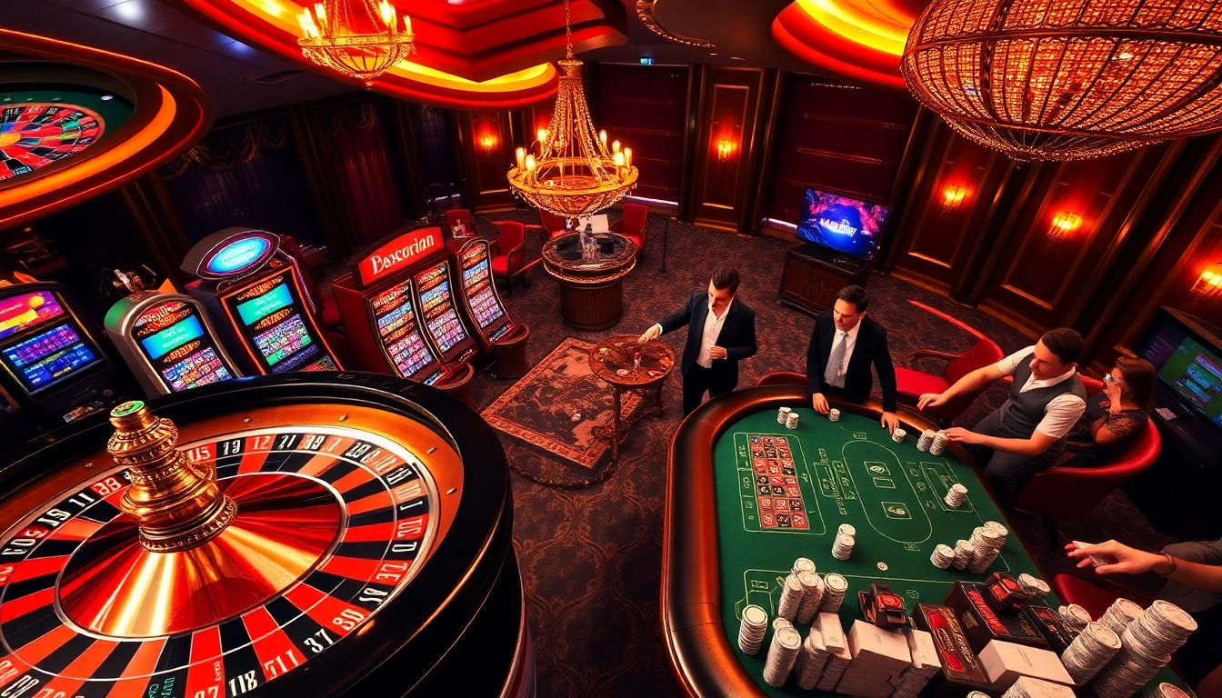 Scène captivante de casino en ligne Français présentant une roulette, une table de poker et des machines à sous vibrantes.