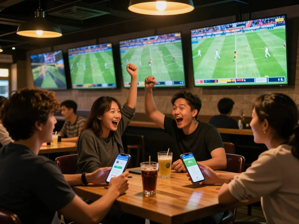 Cakhiatv users enjoying live football matches in a lively sports bar, engaging with betting apps.