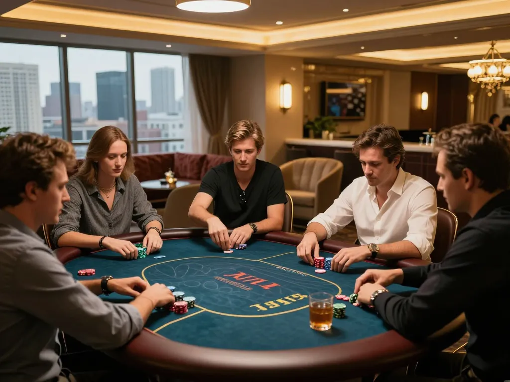 High-stakes poker scene at a luxurious VIP table featuring intense players and a sophisticated atmosphere with 388bet branding.