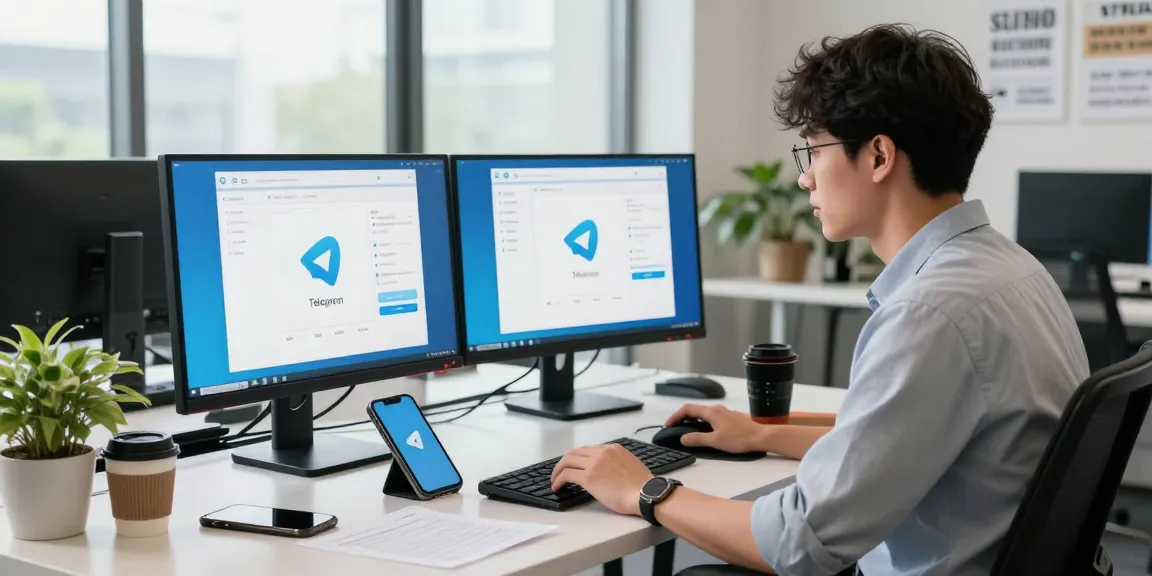 Engaged professional using 纸飞机中文版 with tech gadgets in a bright modern workspace.