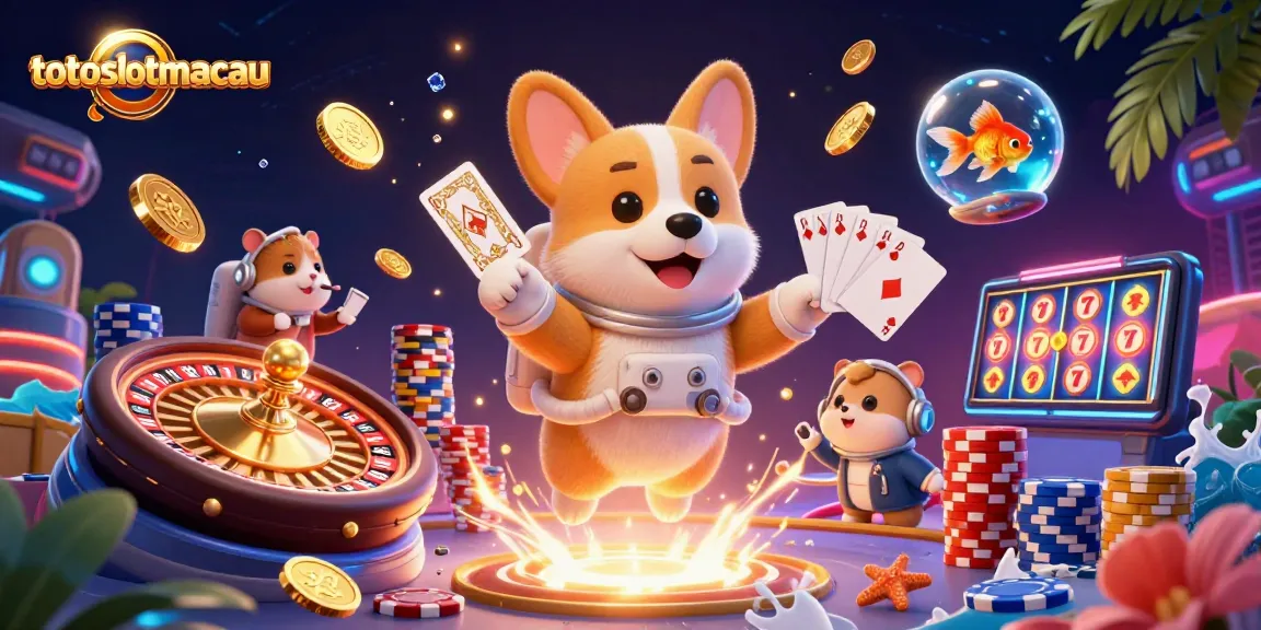 Try your luck with totoslotmacau as a whimsical corgi astronaut explores a vibrant casino in space.