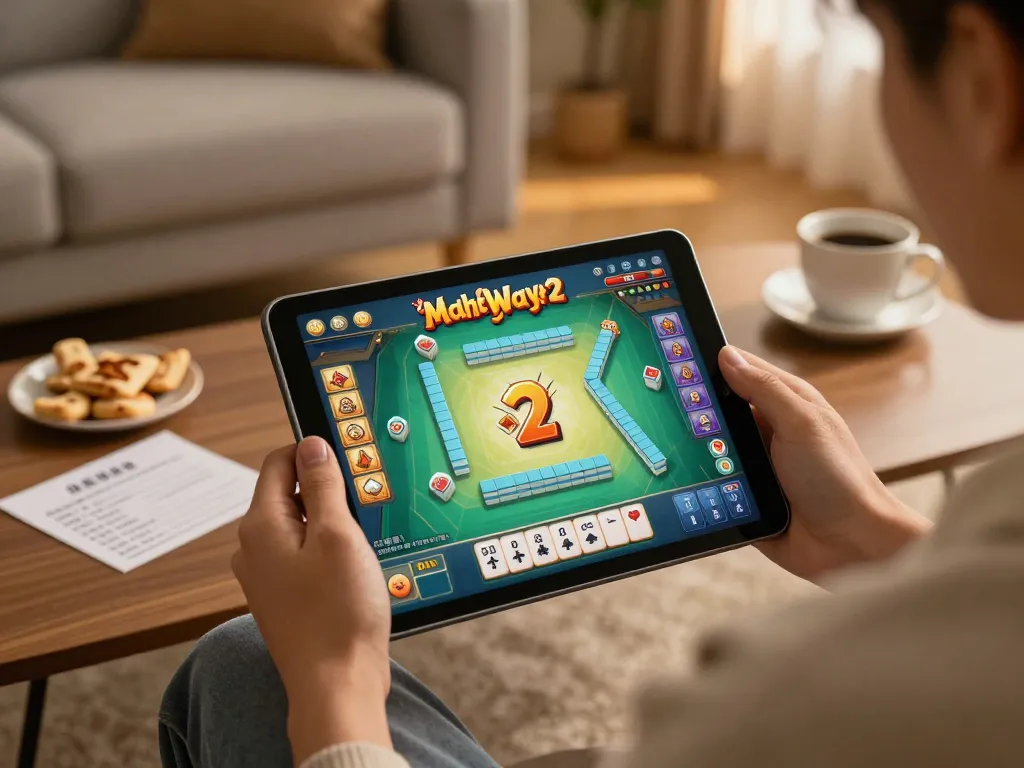 Engaging in Mahjong Ways 2 gameplay on a tablet in a cozy living room, highlighting excitement and strategy.