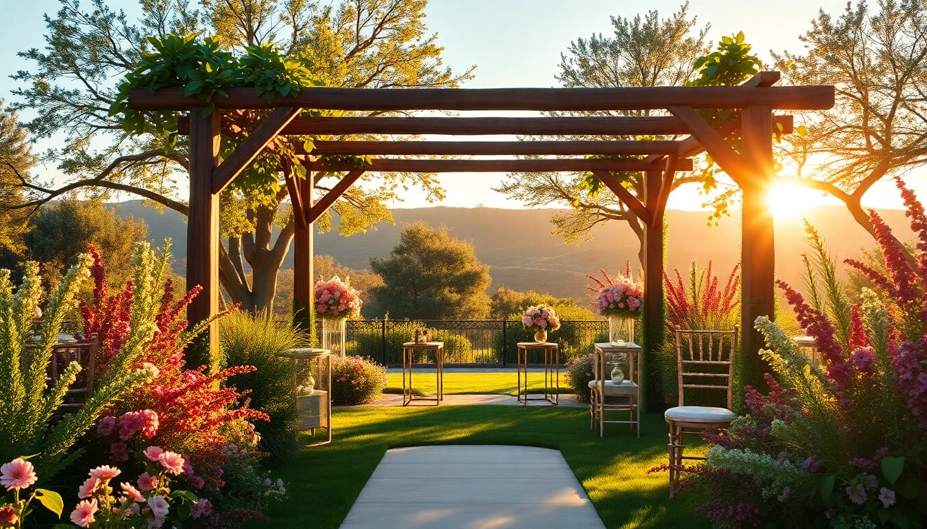 Beautiful outdoor wedding venue California with floral decorations and natural scenery.