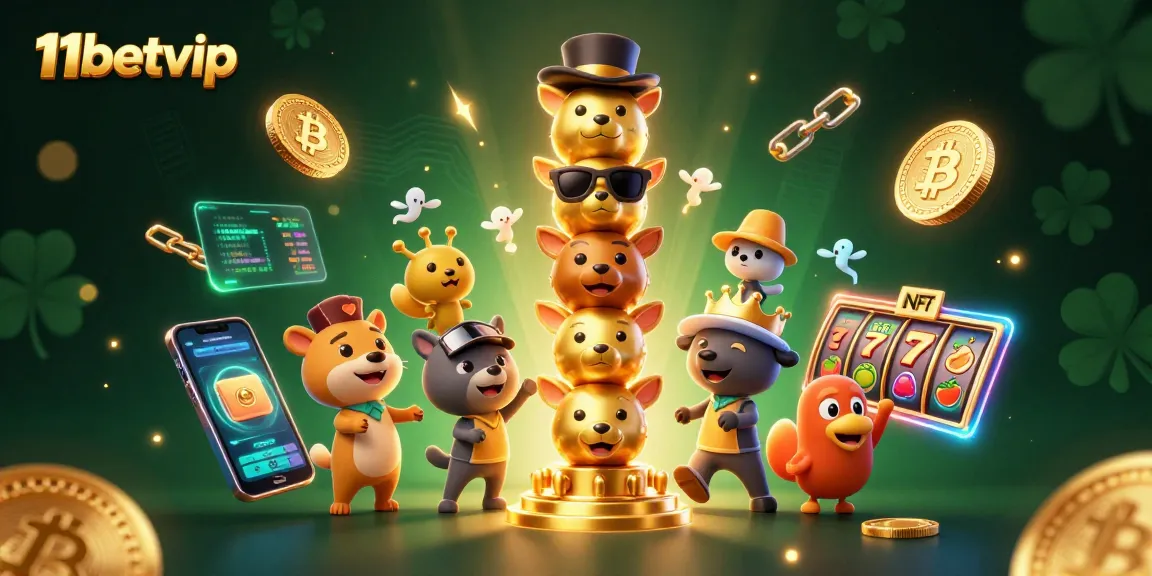 Play with 11betvip in a vibrant 3D illustration showcasing slot reels, cryptocurrencies, and animated characters.