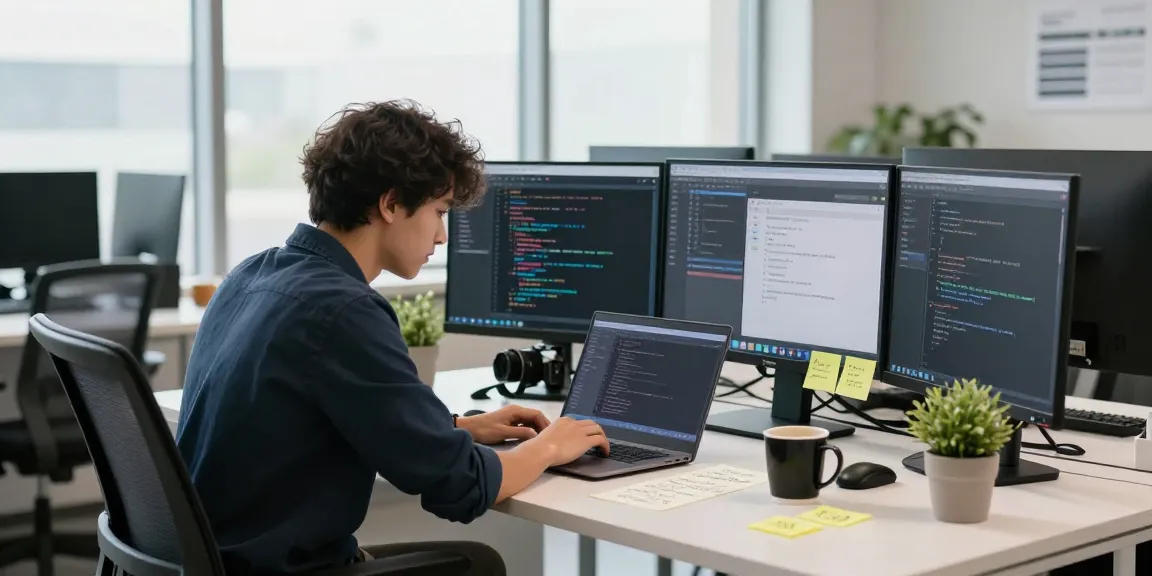 Developer coding a messaging app in a modern office, showcasing telegram中文 interface design.