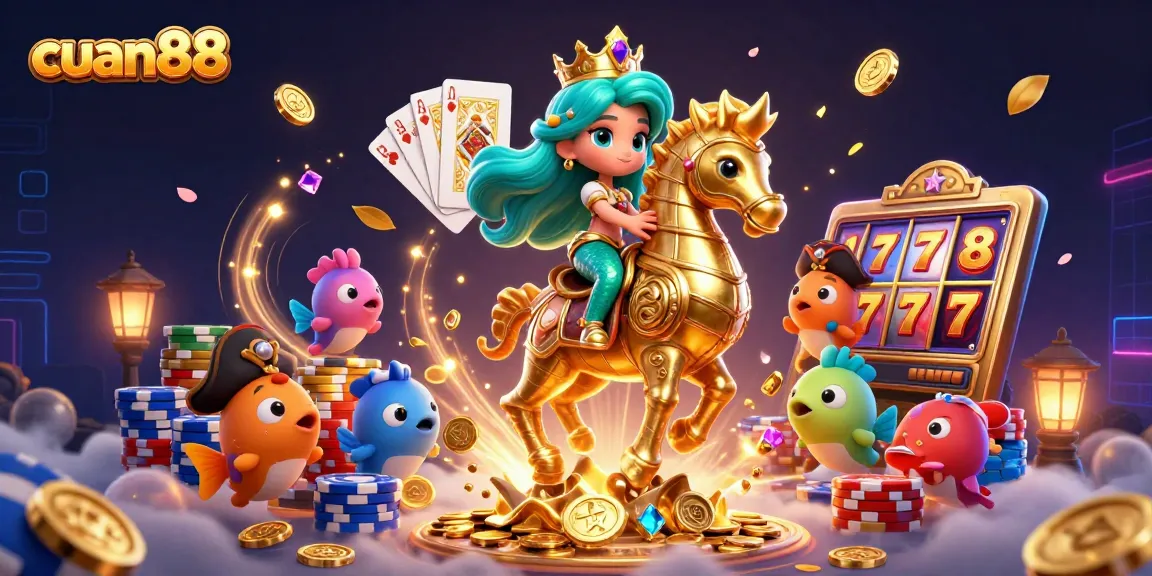 Mainkan slot terbaik di cuan88 dengan ilustrasi putri duyung dan kuda laut bertema kasino.