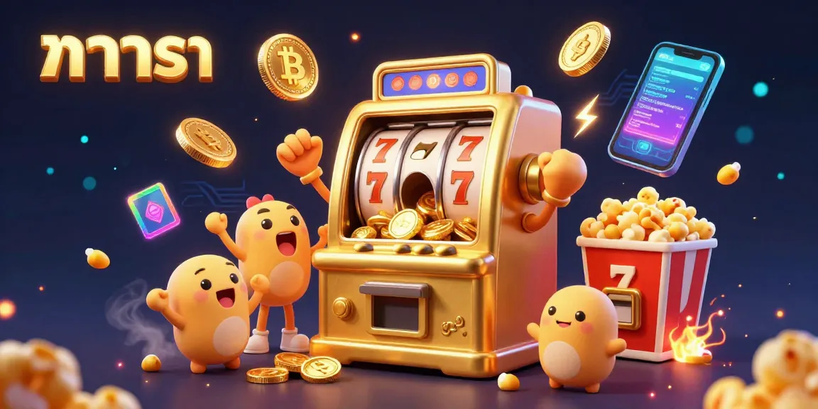 Engage with the exciting world of บาคาร่า as a golden slot machine hits a jackpot while cheering machines surround it.