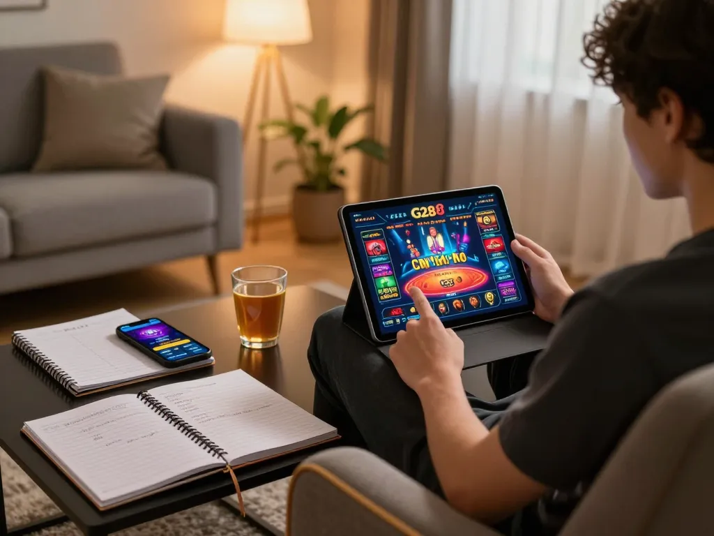 G28 user engaging with online casino app on tablet in a cozy setting while reviewing gaming strategies.